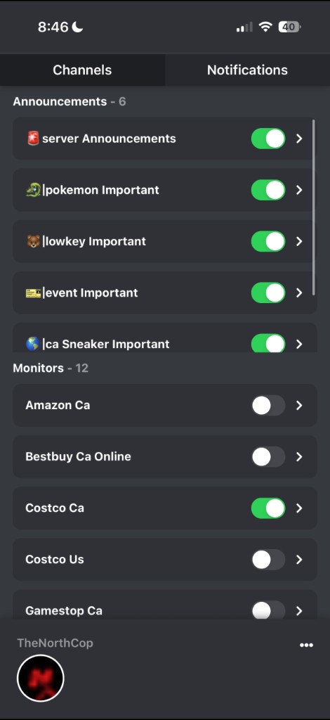 TheNorthCop mobile app channel notification settings screen